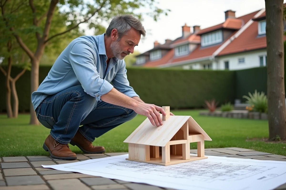 Homme ajustant un modèle de maison sur un patio extérieur