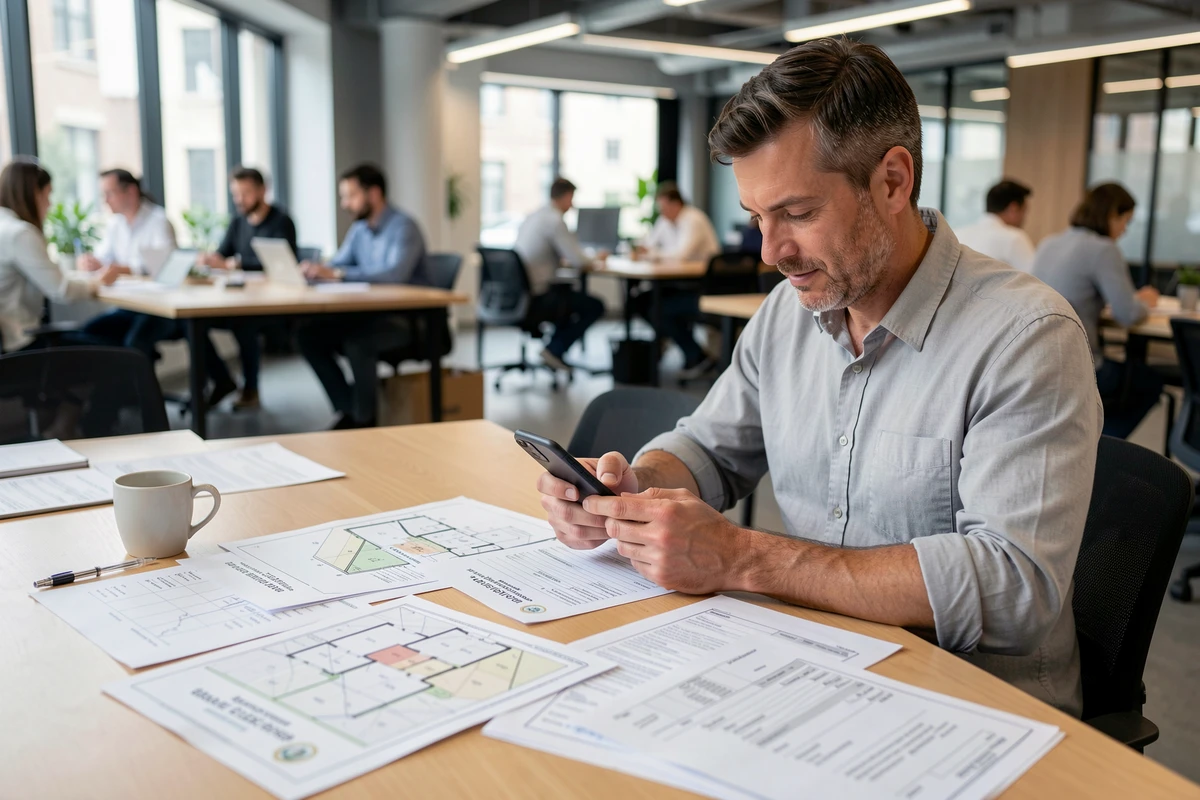Homme numérisant des documents immobiliers avec son smartphone dans un espace de coworking moderne