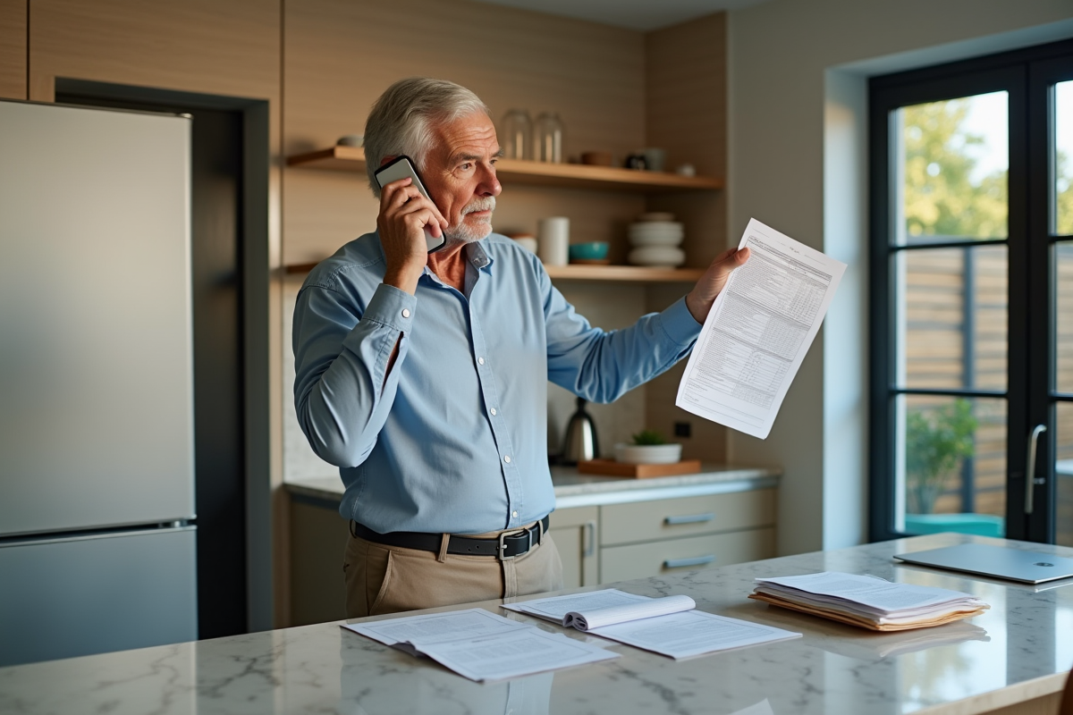 Homme parlant au téléphone avec déclaration fiscale à la main