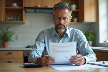 Homme d'âge moyen tenant des factures de rénovation dans la cuisine