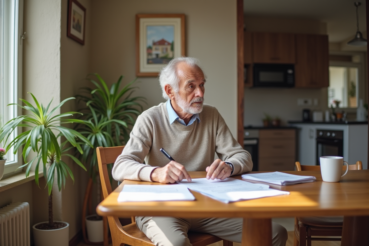 Homme âgé examinant des papiers dans un intérieur moderne