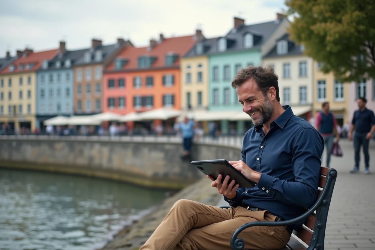 Homme travaillant sur sa tablette près de la rivière à Bayonne
