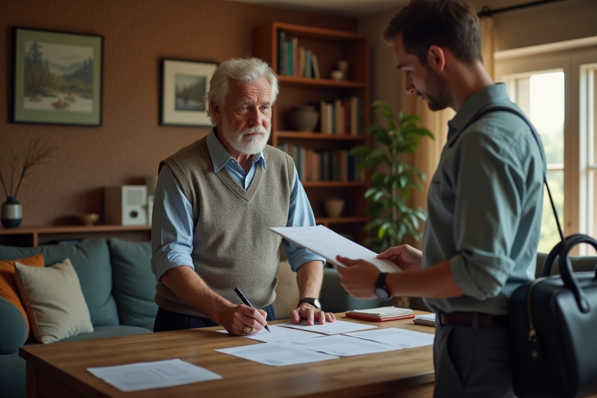 Homme âgé signant un document dans un salon chaleureux
