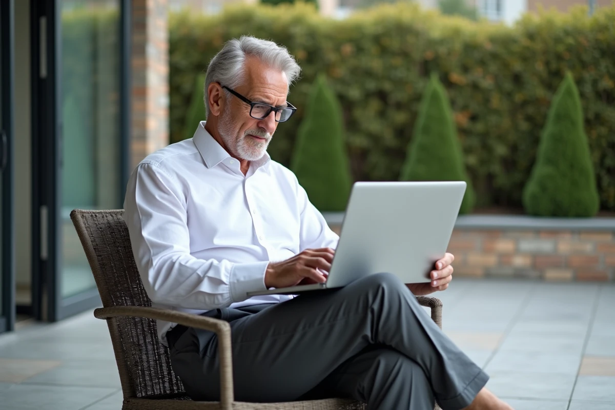Homme détendu sur une terrasse gérant des documents immobiliers