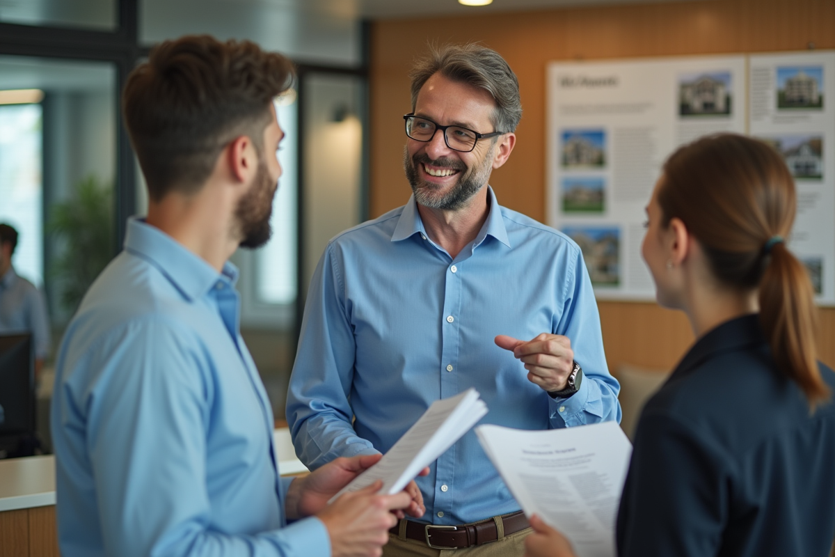 Homme discutant avec un agent immobilier dans un bureau contemporain