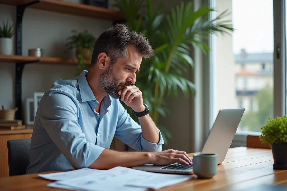 Homme d'âge moyen travaillant sur un ordinateur dans un appartement moderne