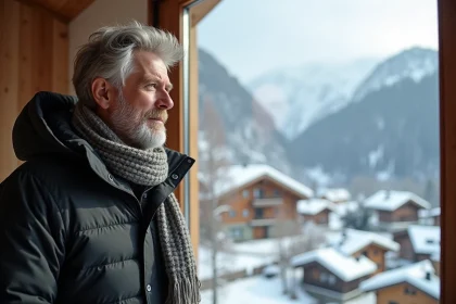 Homme en parka regardant la montagne enneigee depuis une fenetre