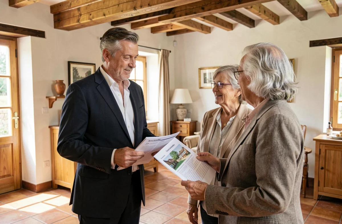 Agent Human Immobilier Mirande accompagnant des clients dans une maison gasconne rénovée avec poutres apparentes