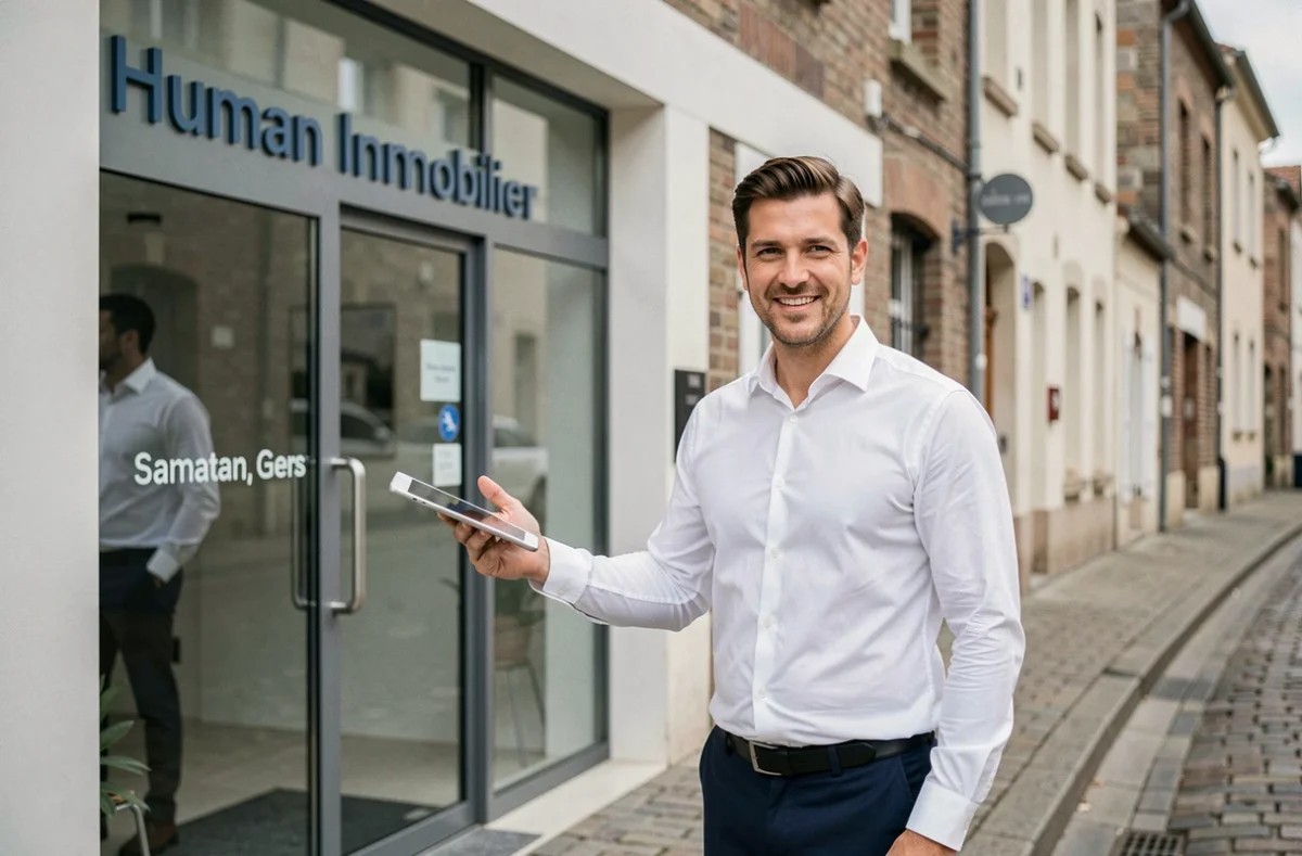 Agent de Human Immobilier Samatan devant l'agence avec sa tablette de biens immobiliers dans le Gers