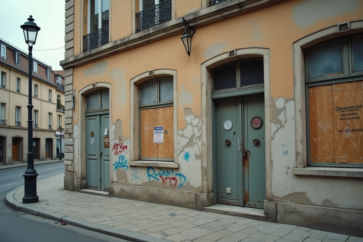 Façade d'immeuble urbain abandonné avec avis légal des Domaines de l'État et fenêtres condamnées en ville française