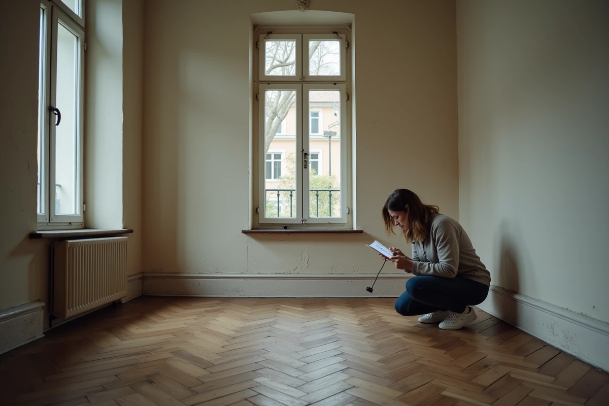 Femme inspectant minutieusement un appartement berlinois vide avant la signature du bail, avec une liste de vérification