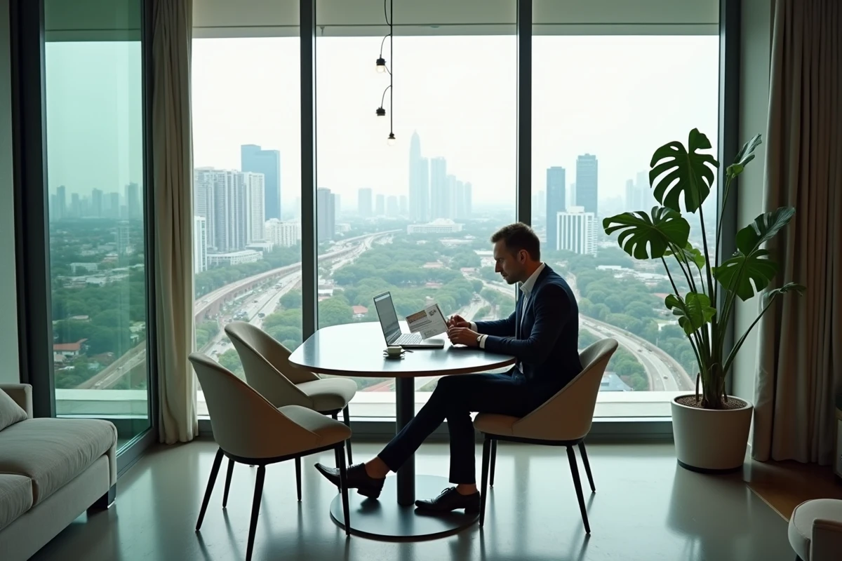 Homme consultant des brochures immobilières dans un appartement condo à Bangkok avec vue panoramique sur les quartiers résidentiels