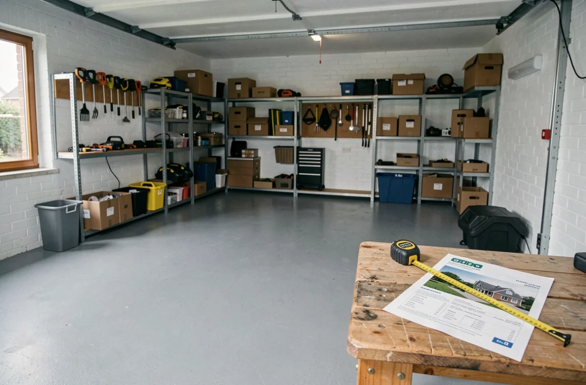Vue intérieure d'un garage double résidentiel avec outils et documents d'évaluation immobilière