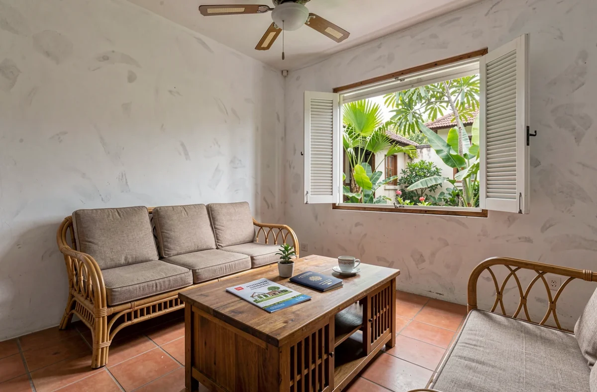 Intérieur d'une maison thaïlandaise bon marché adaptée aux expatriés français avec documents immobiliers sur la table
