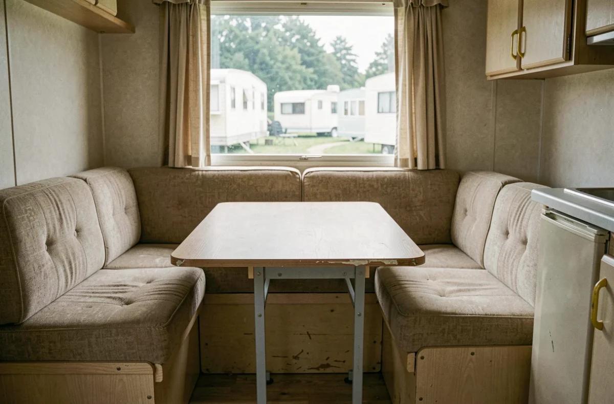 Intérieur vieillissant d'un mobil-home de revente montrant l'état réel du mobilier et des équipements