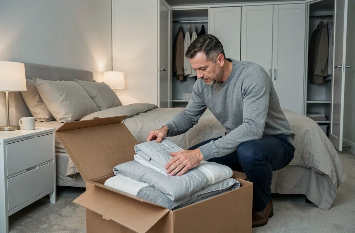 Homme inventoriant le linge et les équipements dans une chambre meublée pour location