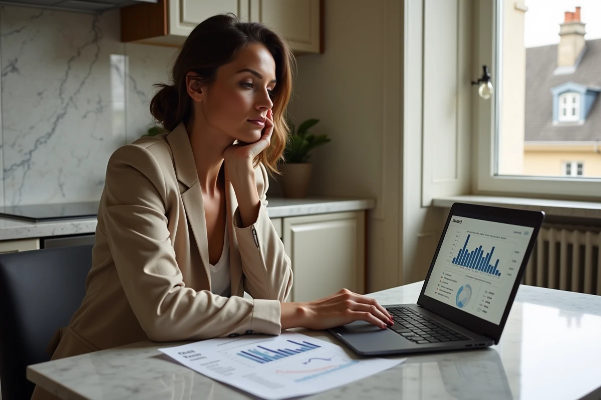 Femme investisseur analysant des données de rendement locatif dans un appartement parisien