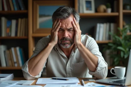 Investisseur immobilier inquiet examinant des contrats immobiliers à l'île Maurice sur un bureau encombré de documents
