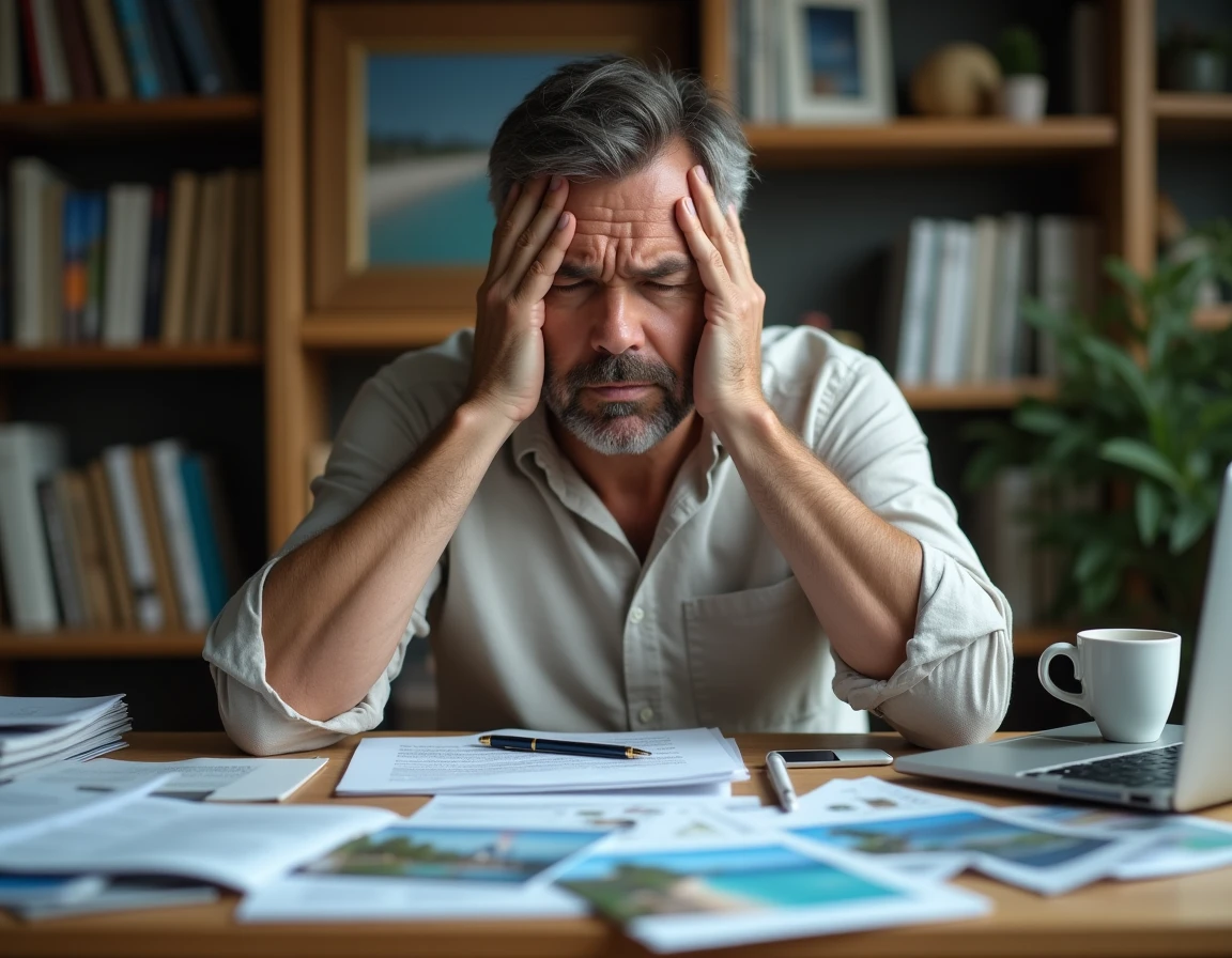 Investisseur immobilier inquiet examinant des contrats immobiliers à l'île Maurice sur un bureau encombré de documents