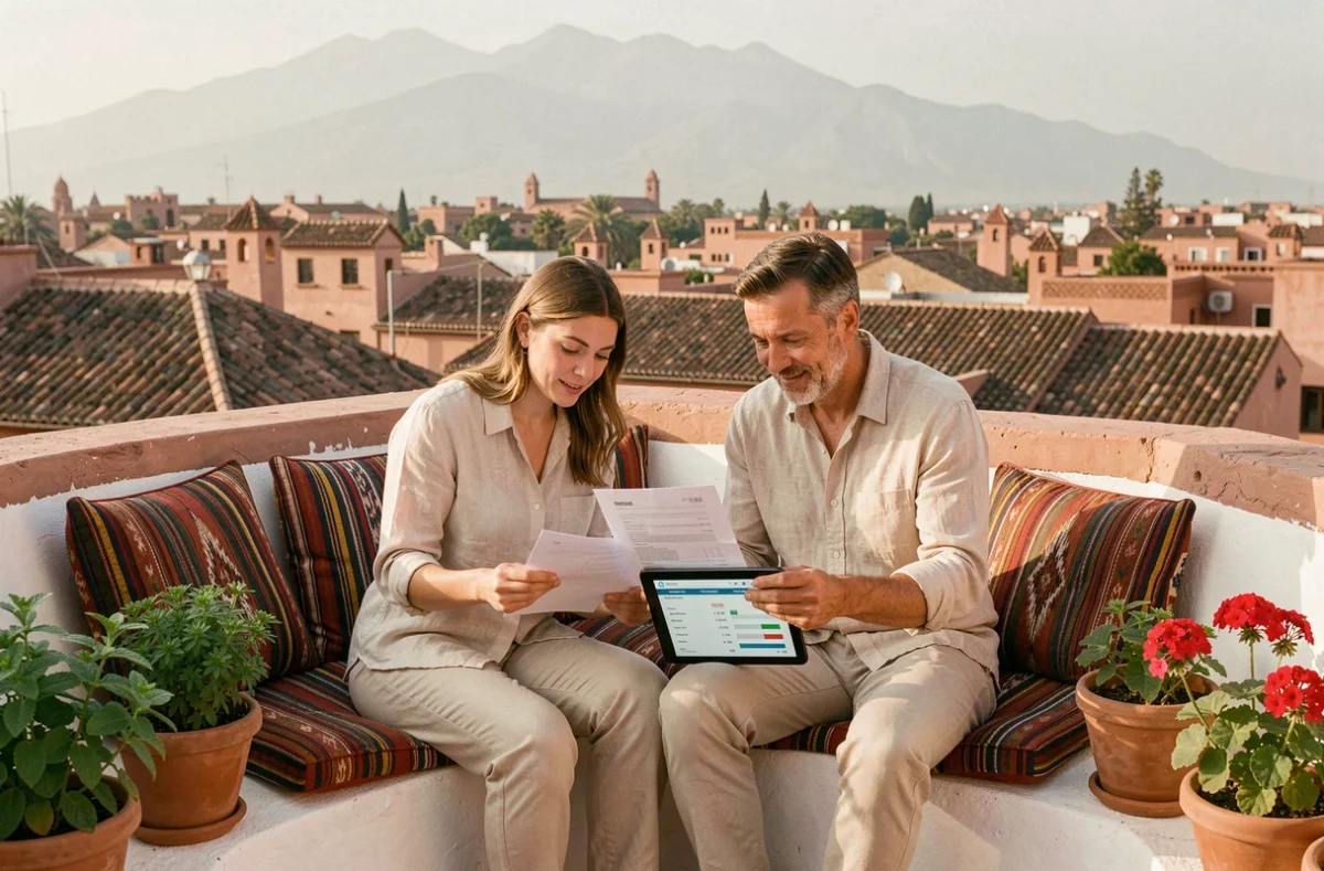 Couple d'investisseurs étrangers étudiant le rendement locatif d'un riad sur une terrasse avec vue sur la médina de Marrakech