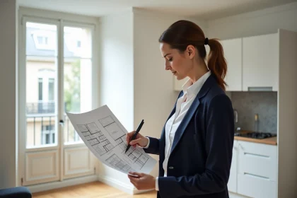 Investisseuse immobilière analysant les plans d'un appartement T1 pour évaluer son rendement locatif