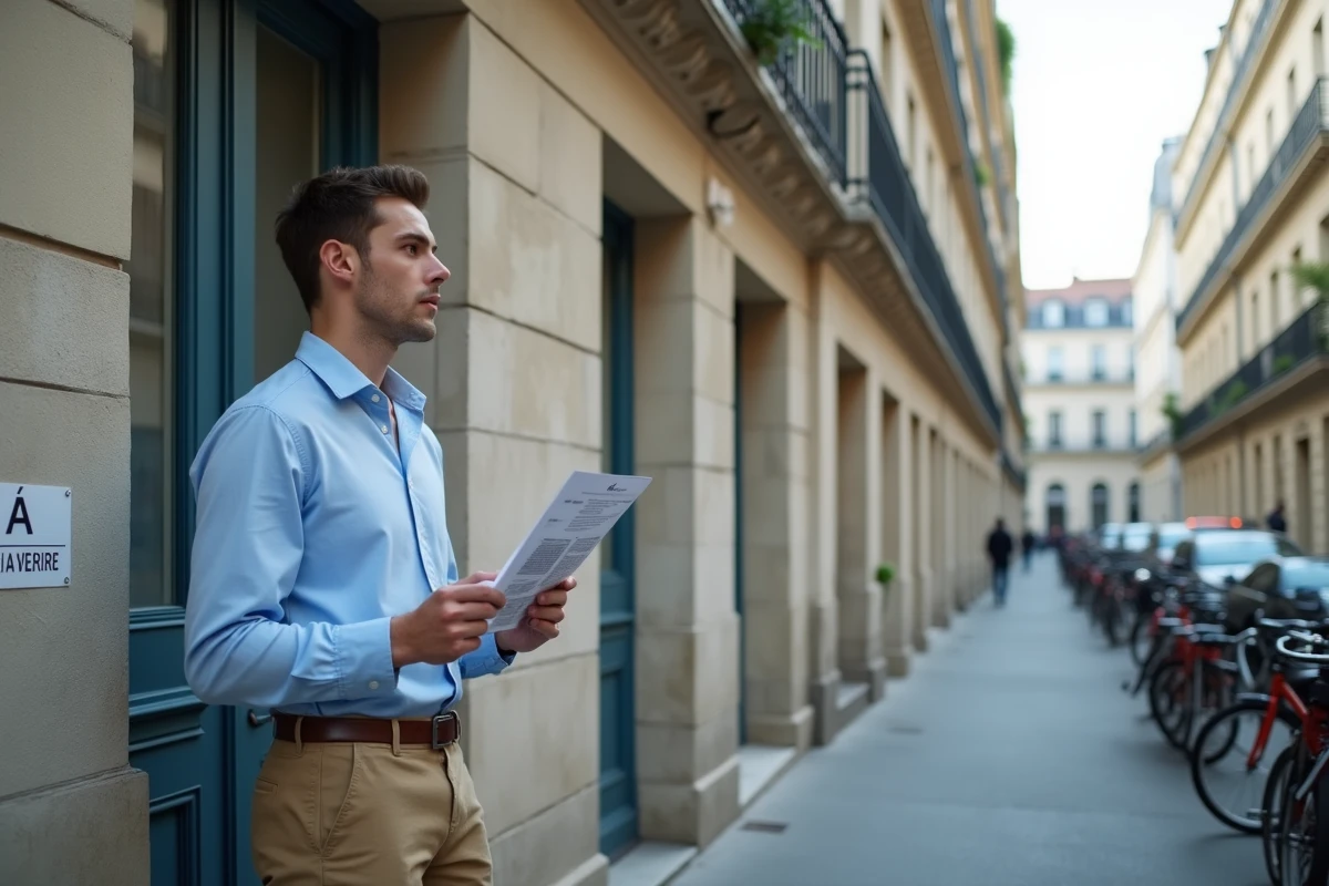 Jeune homme devant un immeuble résidentiel avec une annonce immobilière à la main pour un premier achat