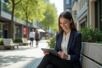 Jeune femme souriante utilisant une tablette pour consulter des annonces immobilières