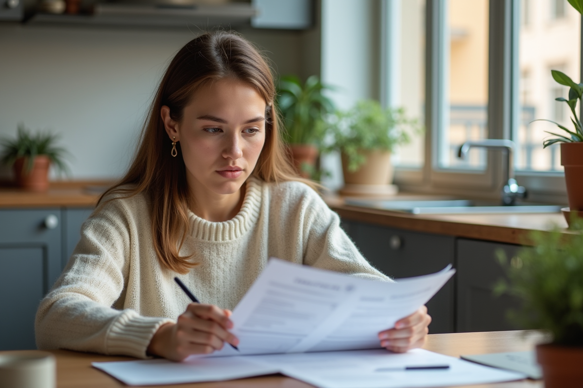 Jeune femme examine des documents d'assurance logement