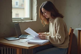 Jeune femme en intérieur examine des documents de logement