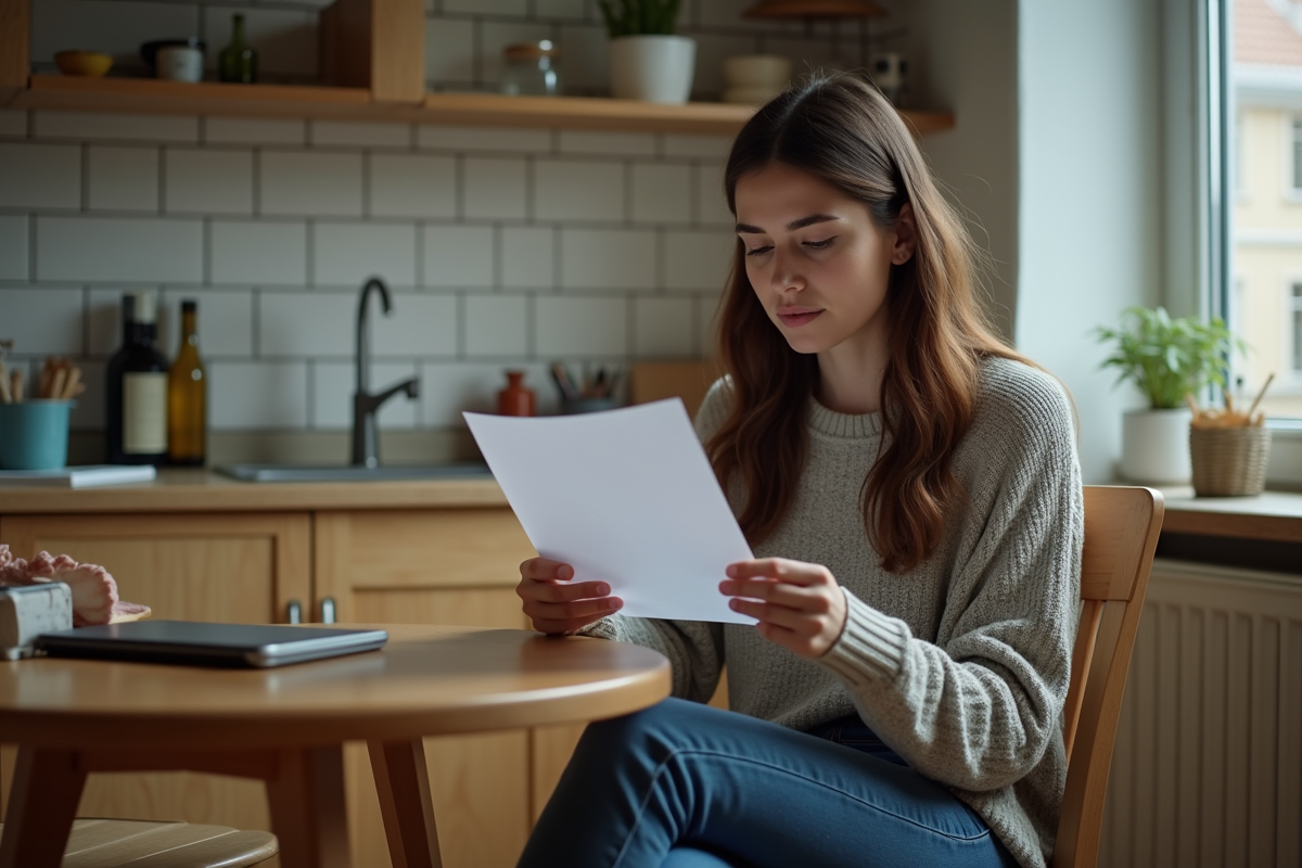 Jeune femme lisant un bail dans une cuisine cosy