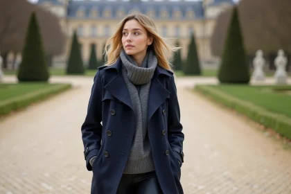 Jeune femme en trench dans les jardins de Versailles
