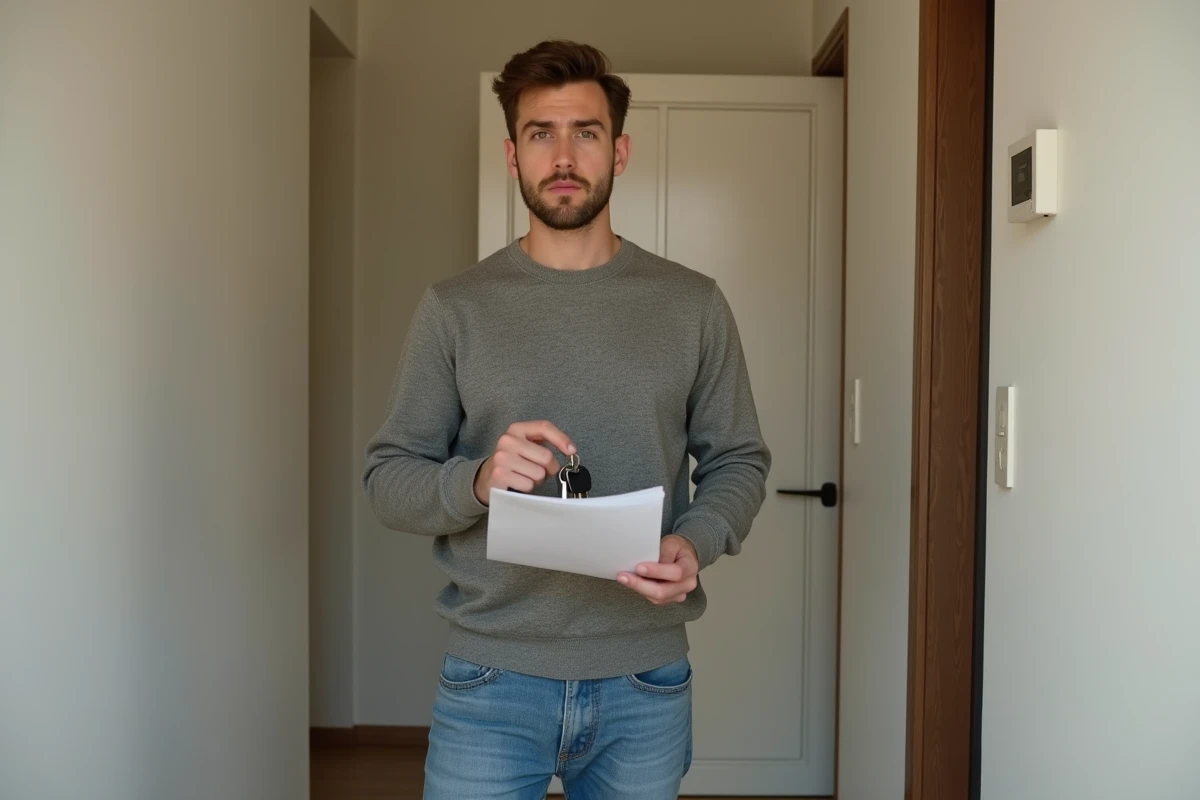 Jeune homme avec clés dans un couloir d
