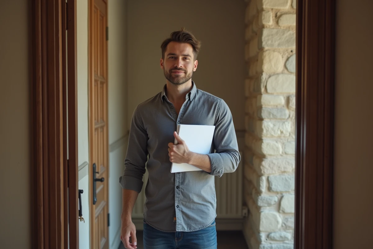Jeune homme avec clés dans un couloir parisien authentique