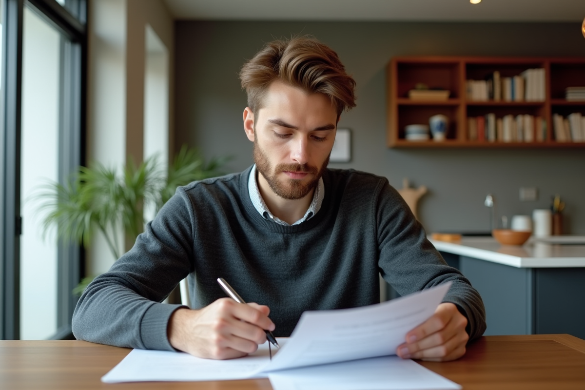 Jeune homme en casual examinant des documents d