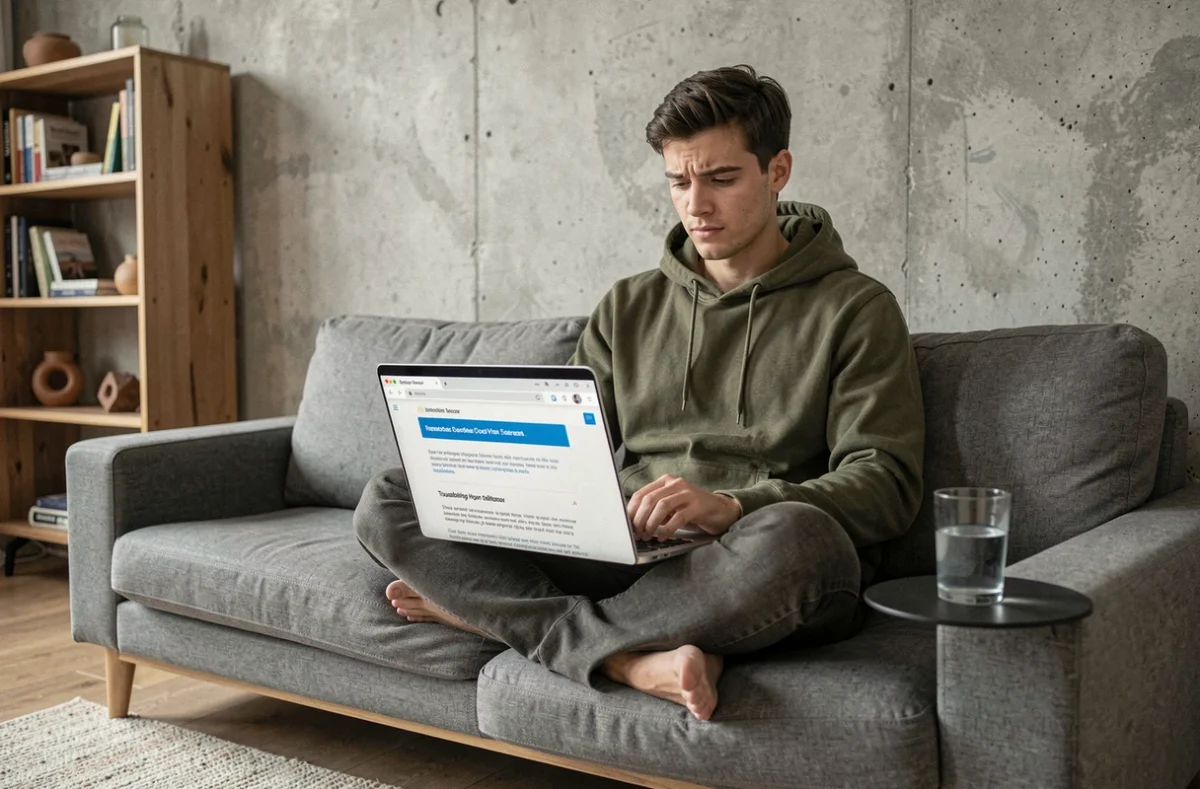 Jeune homme en train de chercher des solutions sur un site d'aide pour résoudre un problème de connexion Inli depuis son canapé