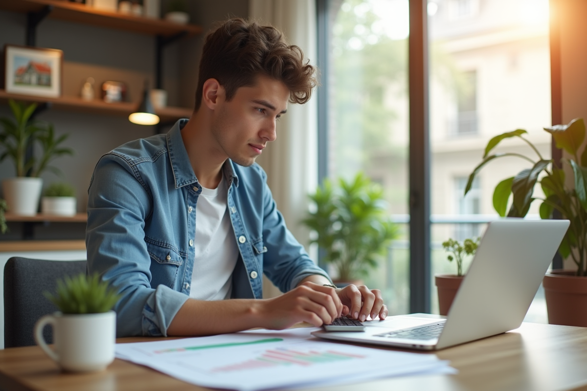 Jeune professionnel travaillant sur un bureau avec documents et modèles immobiliers