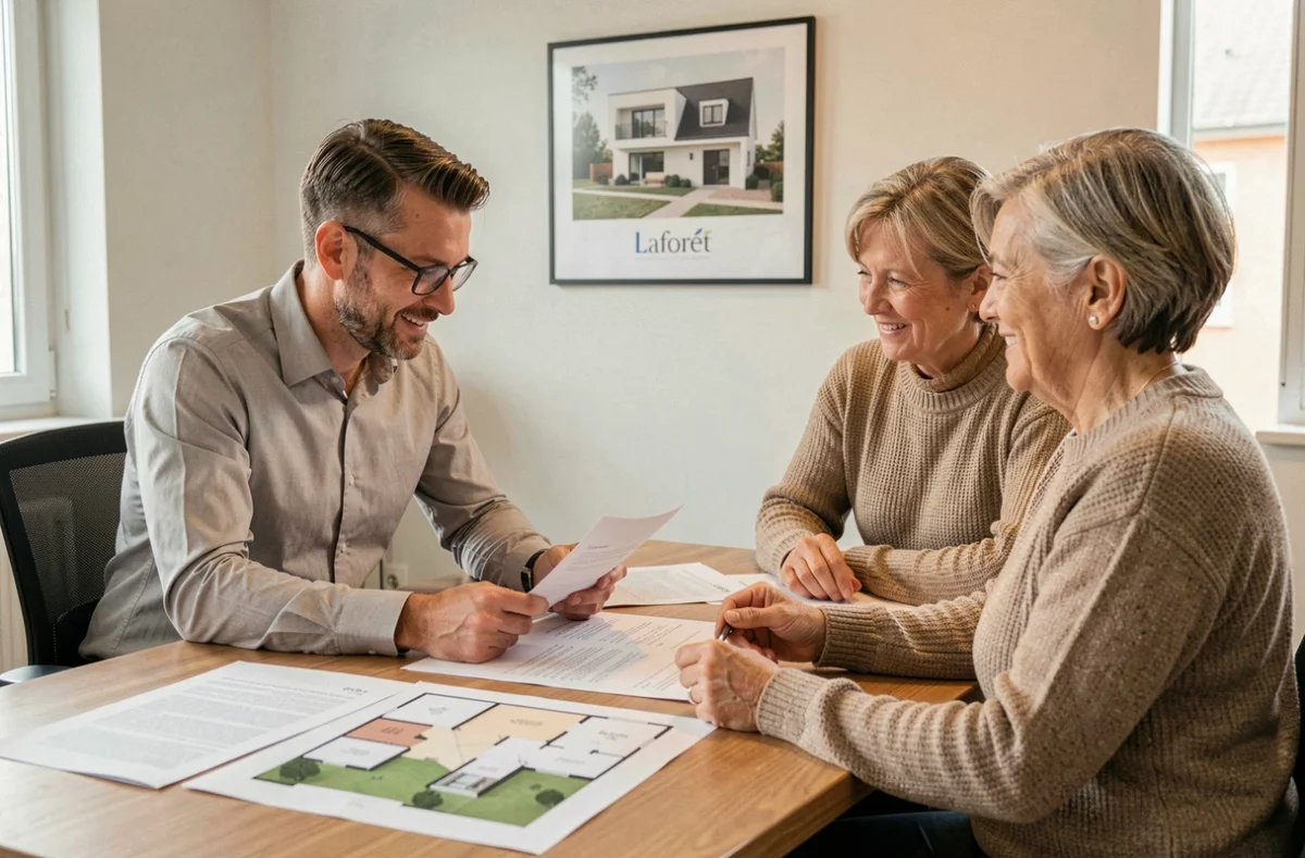 Conseiller Laforêt présentant des documents immobiliers à un couple dans un bureau moderne en Haute-Loire