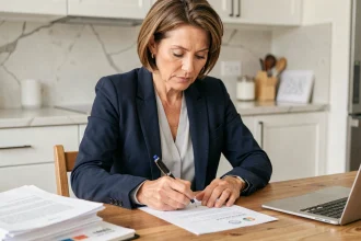 Femme quinquagénaire signant une lettre de garant pour une colocation sur une table en bois
