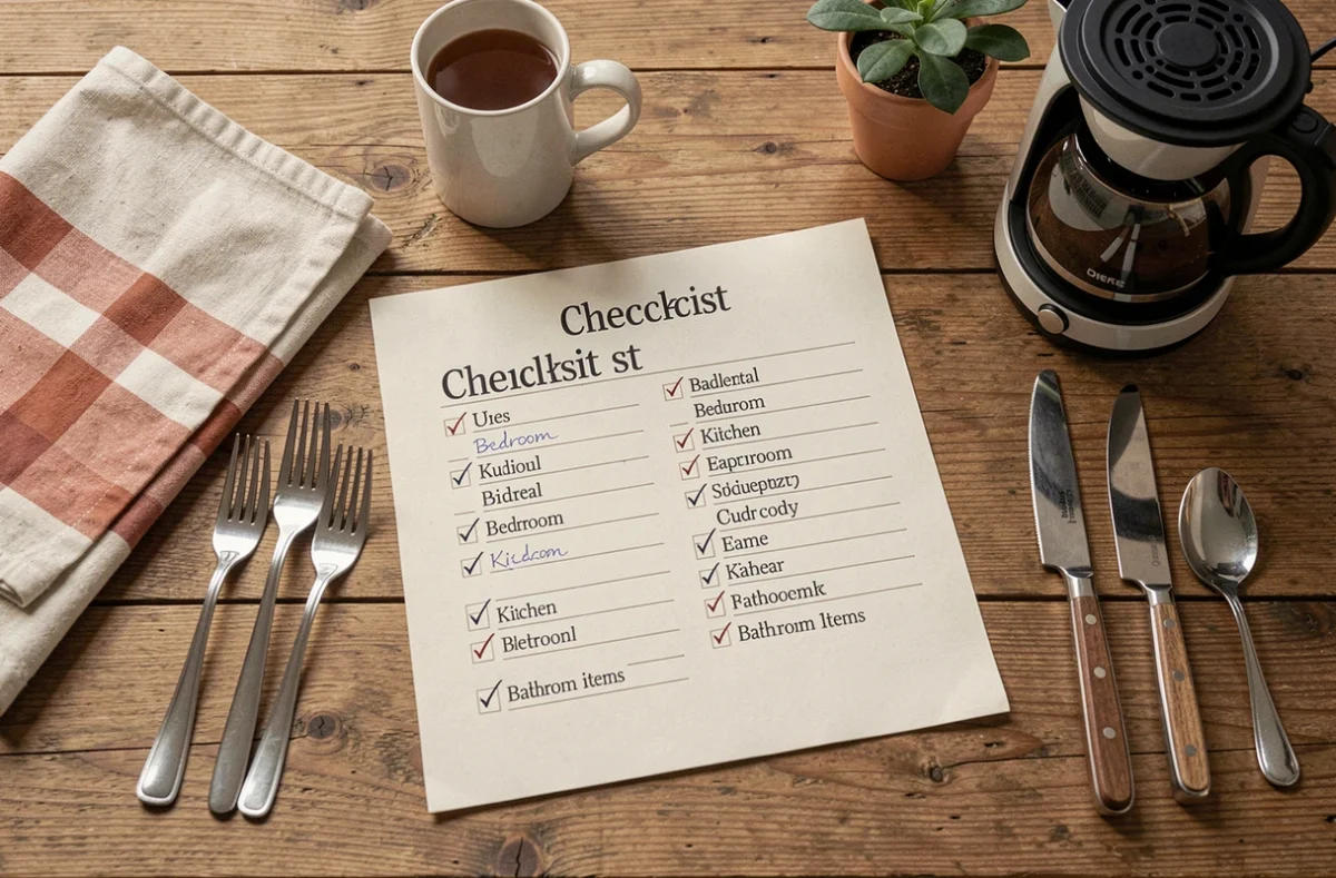 Vue aérienne d'une liste d'équipements pour location meublée posée sur une table avec accessoires de cuisine