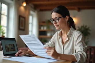 Femme consultant des annonces immobilières de location dans le Bas-Rhin sur un bureau en bois avec documents et ordinateur portable