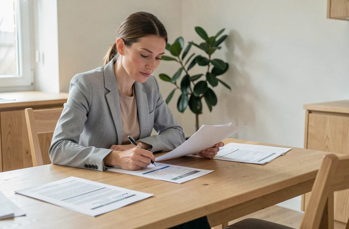 Femme locataire consultant un modèle de certificat médical et son contrat de bail pour préparer son préavis réduit