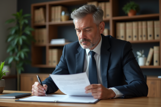 Homme d affaires en costume examine un contrat de location dans un bureau