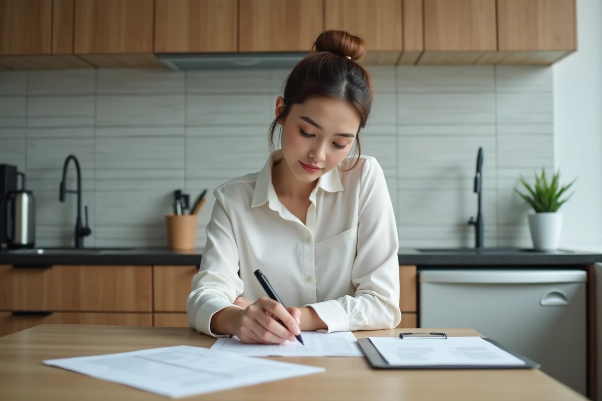 Femme locataire remplissant un formulaire d'état des lieux et liste de mobilier imprimé en PDF à la table d'une cuisine meublée