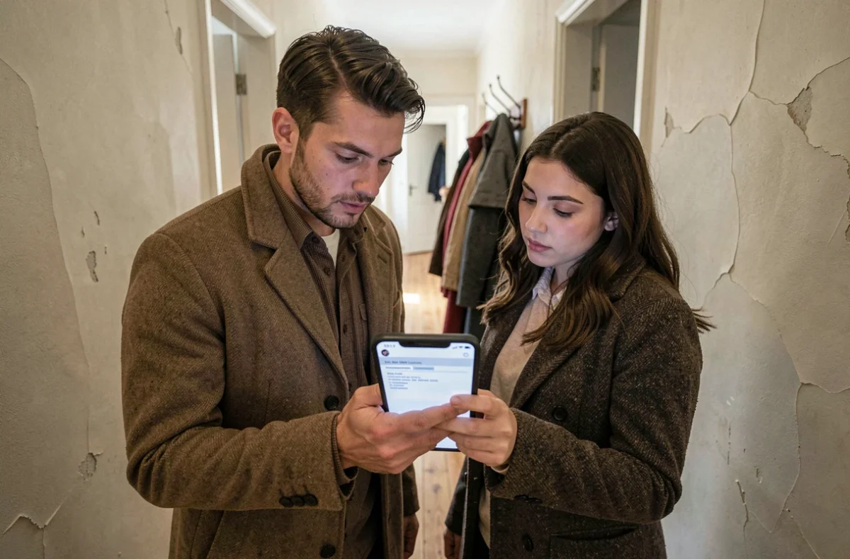 Locataires consultant un rapport d'état des lieux en ligne sur smartphone dans un couloir résidentiel