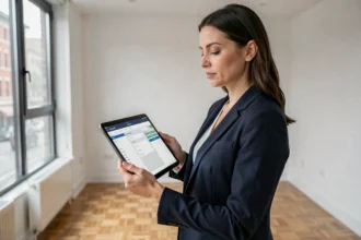 Professionnelle utilisant un logiciel d'état des lieux sur tablette dans un appartement vide