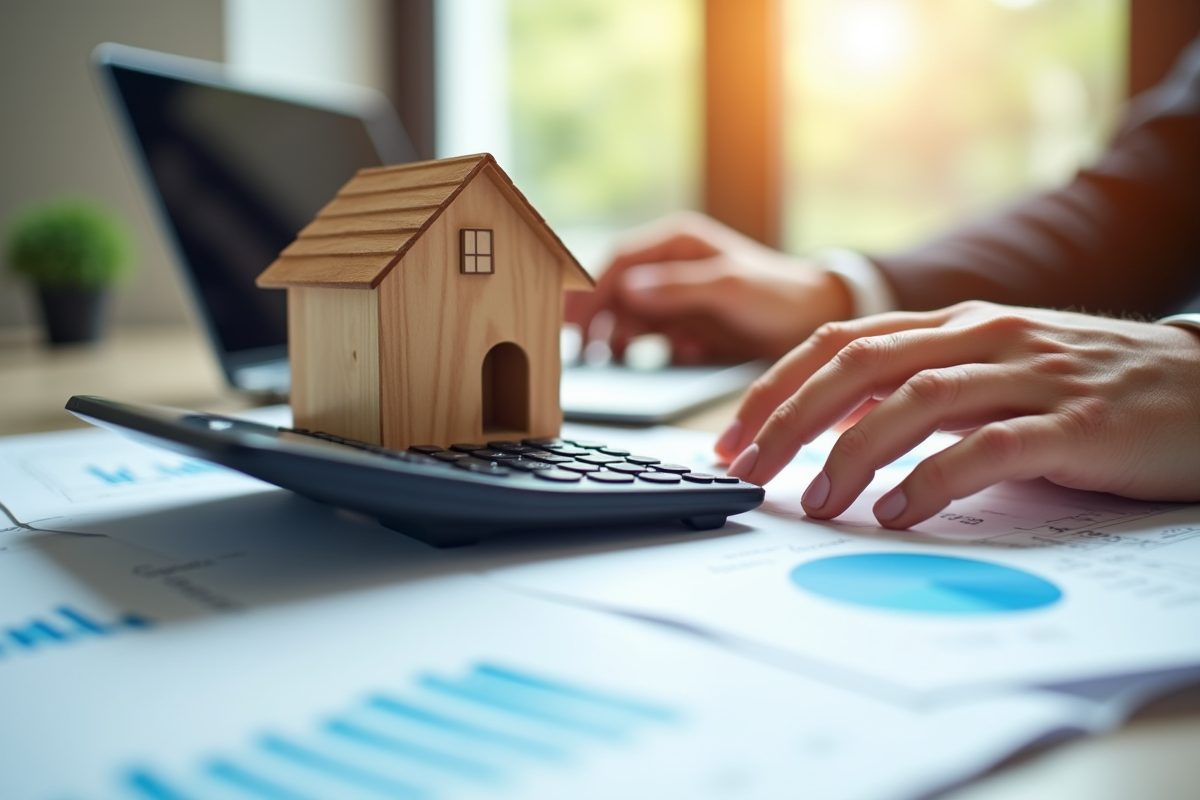 Mains tenant une petite maison en bois et une calculatrice sur des graphiques financiers