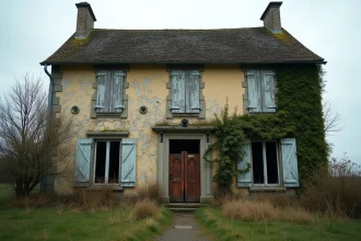 Maison abandonnée en pierre avec volets abîmés et jardin envahi par la végétation dans le Nord de la France