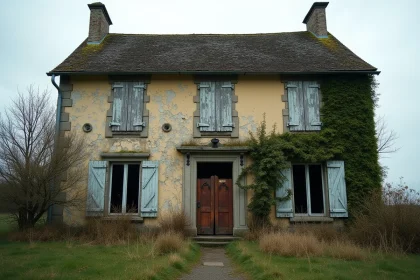 Maison abandonnée en pierre avec volets abîmés et jardin envahi par la végétation dans le Nord de la France