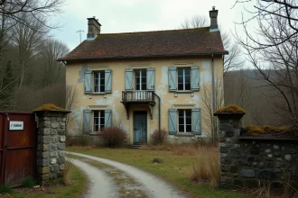 Maison abandonnée en pierre dans la campagne française avec volets décrépits et affiche de vente administrative sur la porte