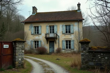 Maison abandonnée en pierre dans la campagne française avec volets décrépits et affiche de vente administrative sur la porte